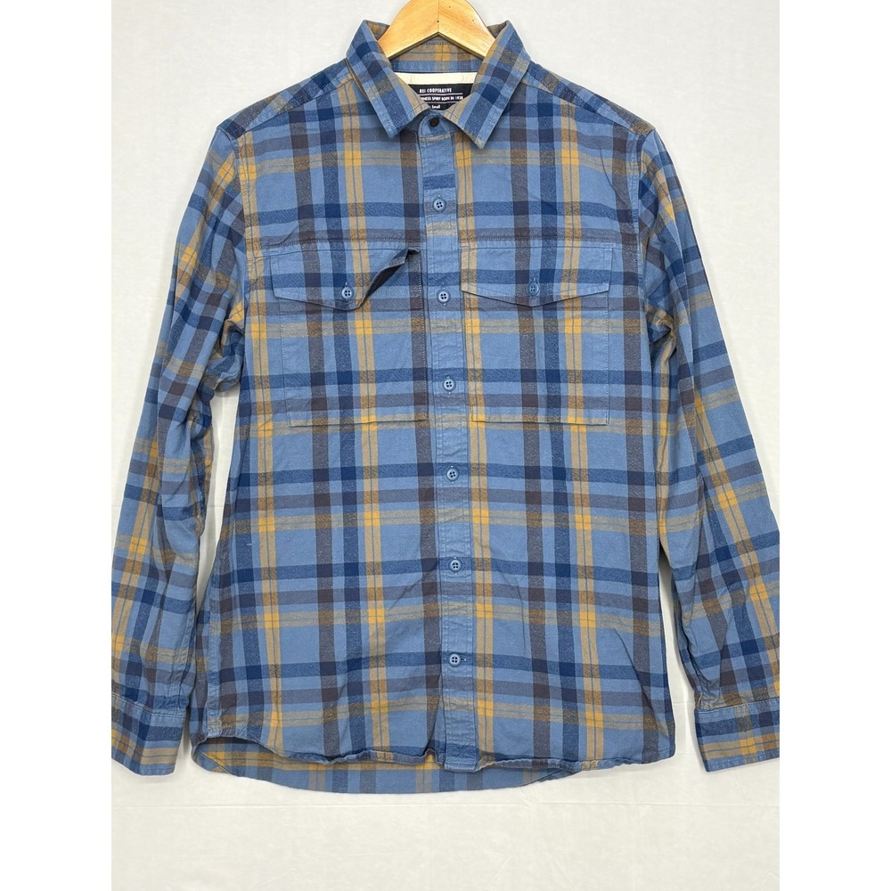 REI Co-op Button Up Shirt Mens Blue Plaid Cotton Long‎ Sleeve Pockets Outdoor S